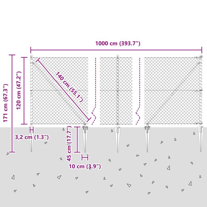 Recinzione a Maglie con 7 Picchetti 1.2x10 m Acciaio Zincato