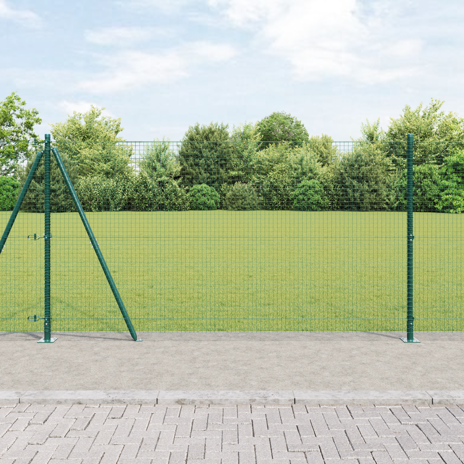 Recinzione in Rete Saldato con 7 Pali Flangiati Verde 1.2x10 m Acciaio