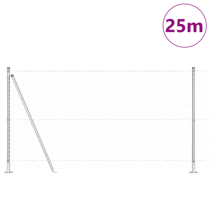 Recinzione con Filo Esagonale con 7 Post Flangiati 1.2x25 m Acciaio Argento