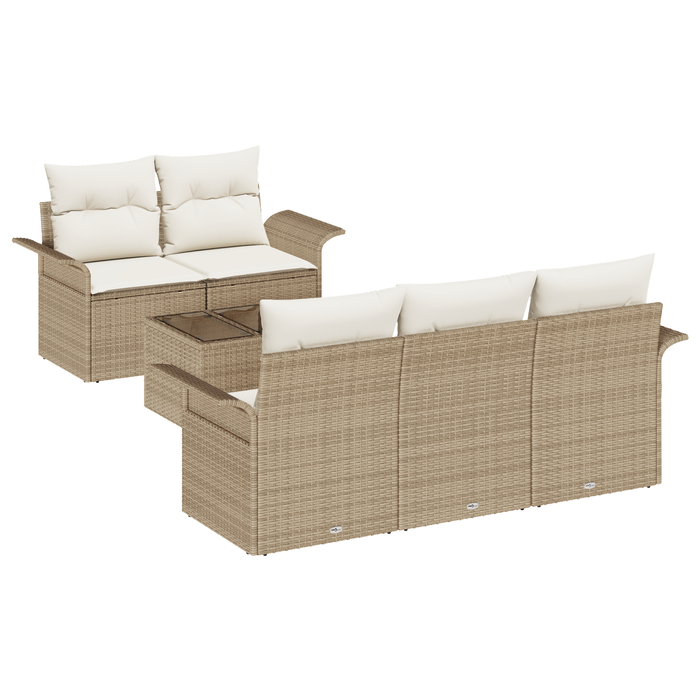 Set Divano da Giardino 6 Pezzi con Cuscini Beige Rattan Sintetico