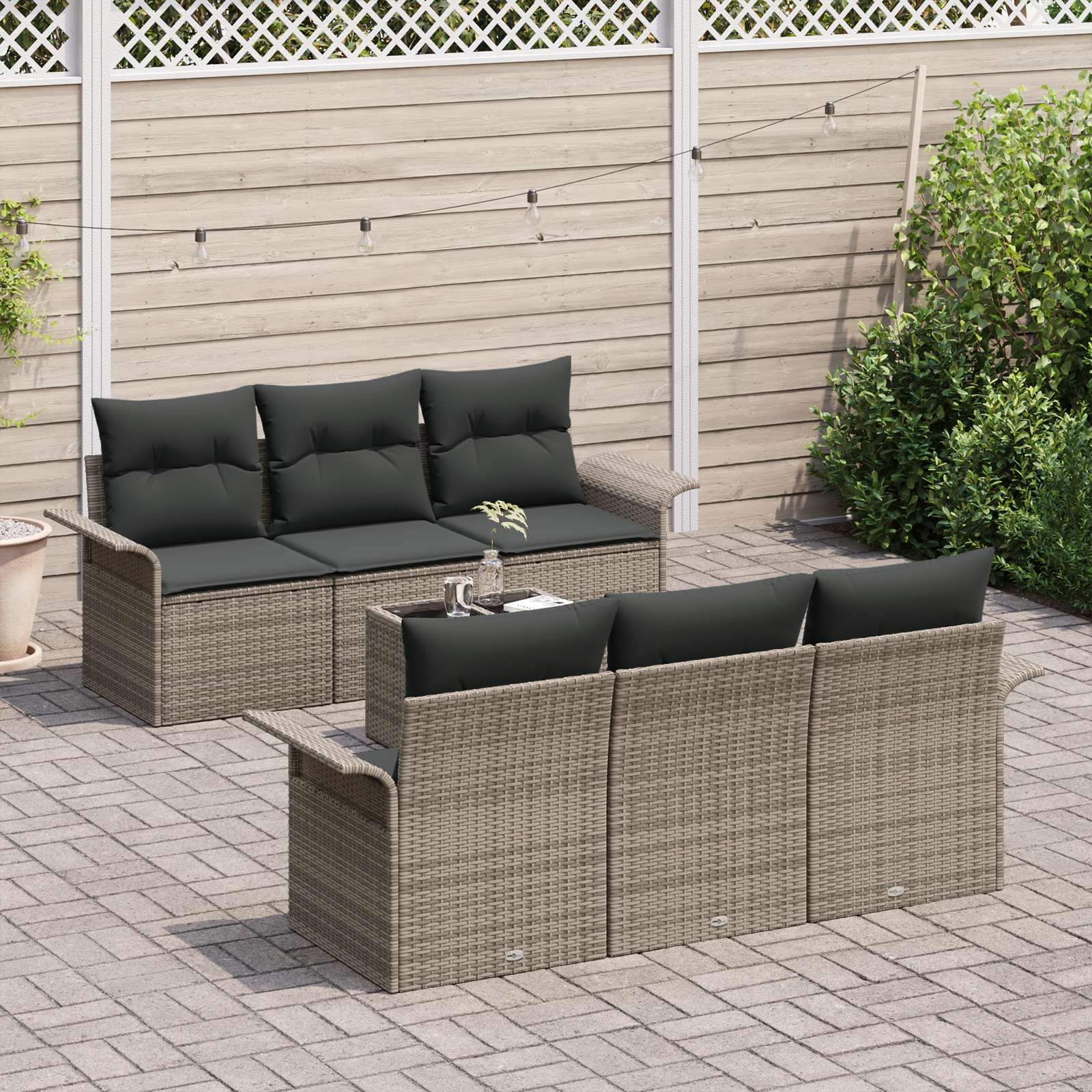 Set di Sofà da Giardino  7 Pezzi con Cuscini in Polyrattan Grigio