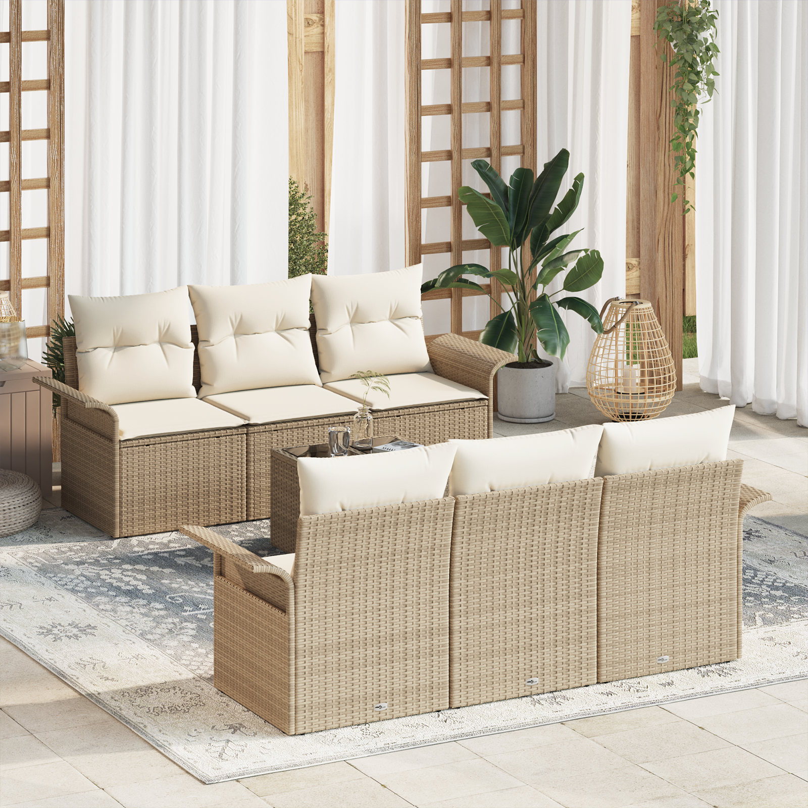 Set Divano da Giardino 7 Pezzi con Cuscini Beige Polietilene