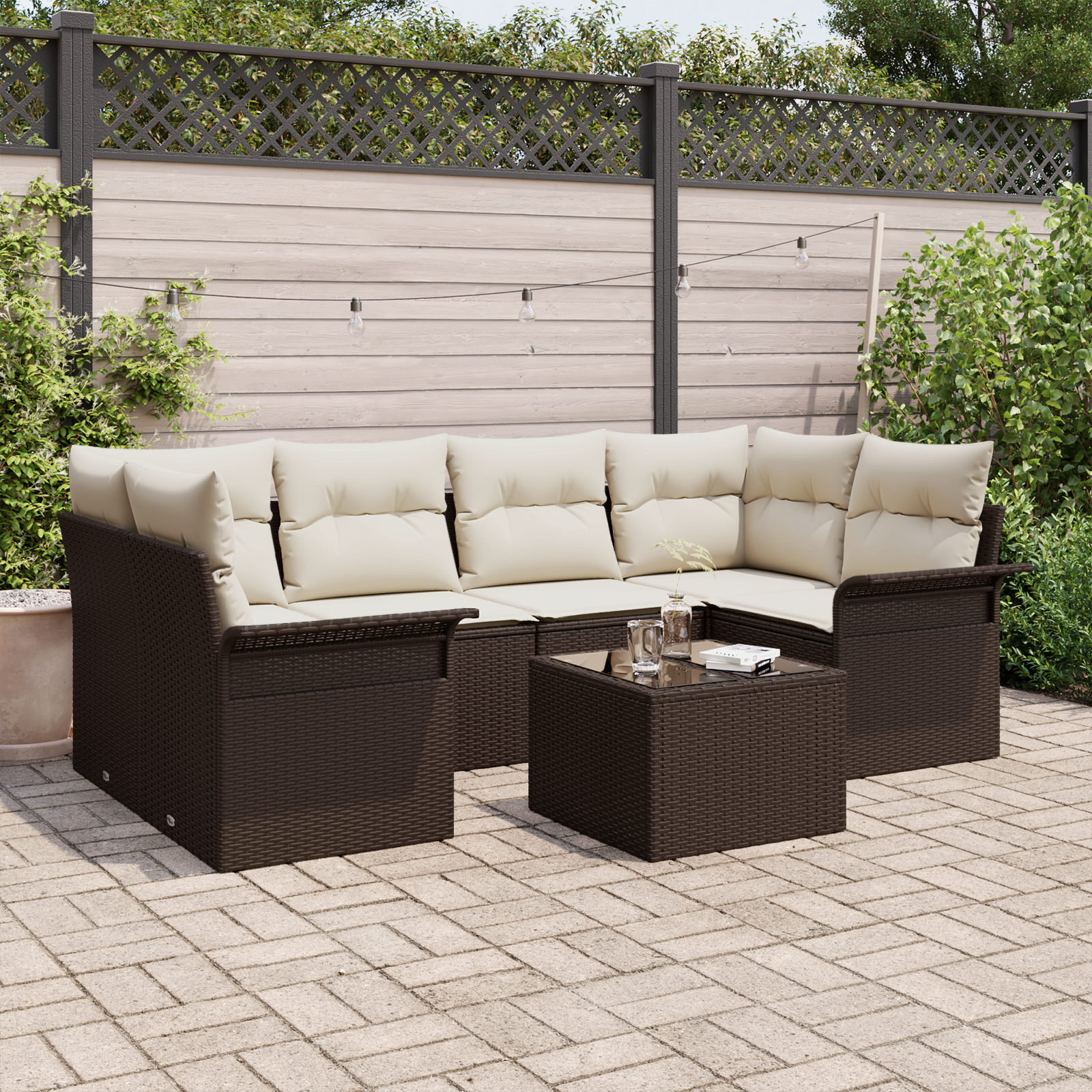 Set di Sofà da Giardino  7 Pezzi con Cuscini Marrone Polyrattan