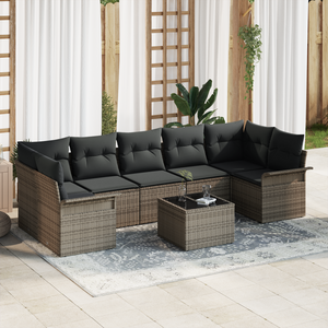 Set di Sofà da Giardino 8 Pezzi con Cuscini Rattan Poliestere Grigio