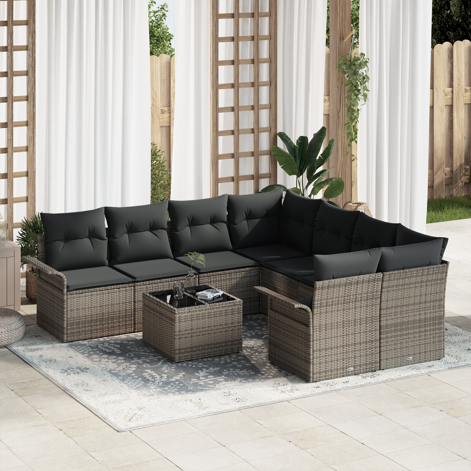 Set di Sofà da Giardino  da 9 pezzi con Cuscini in Polyrattan Grigio
