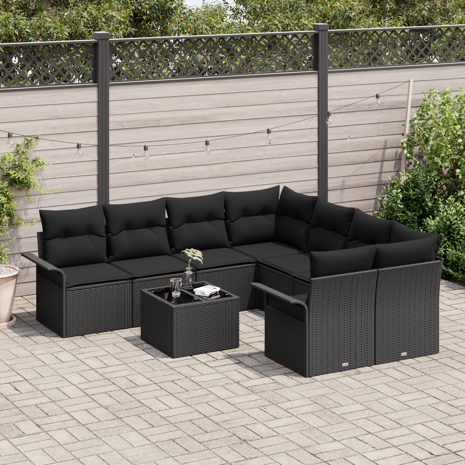 Set Divano da Giardino 9 Pezzi con Cuscini Nero Polyrattan