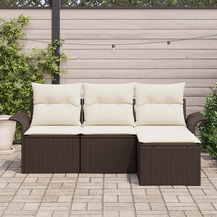 Set Divano da Giardino a 4 Pezzi con Cuscini in Rattan Poliestere Marrone
