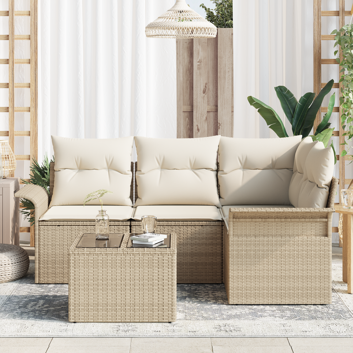 Set Divano da Giardino 5 Pezzi con Cuscini Rattan Poliestere Marrone