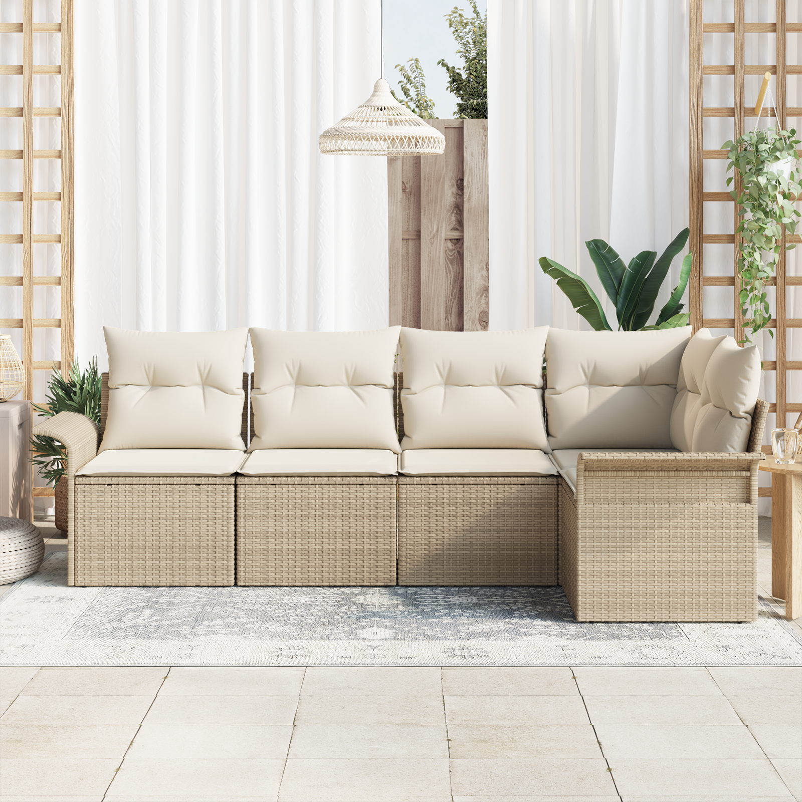 Set Divano da Giardino  5 Pezzi con Cuscini Beige Polyrattan