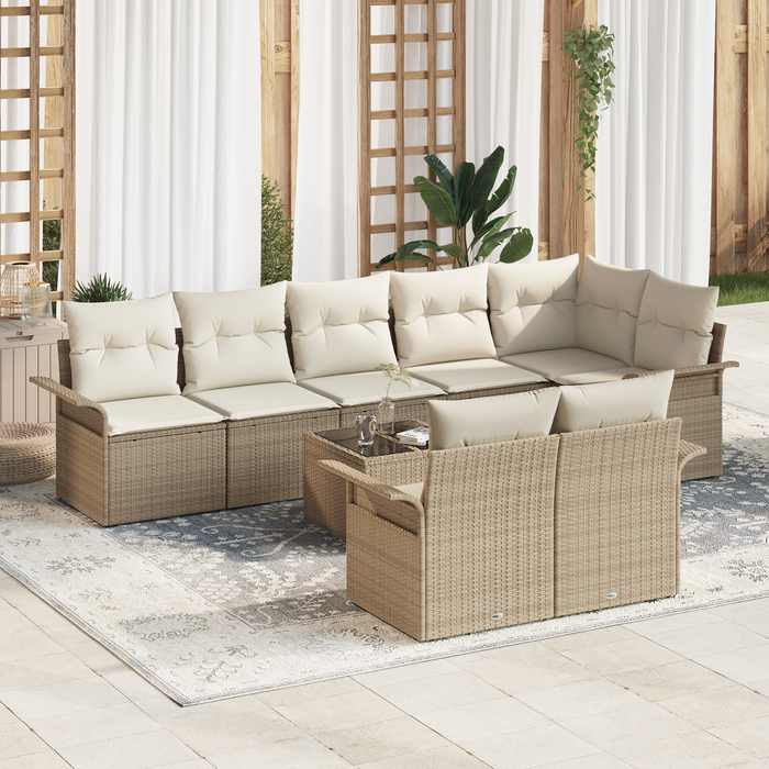 Set divani giardino 9 pezzi con cuscini in rattan poliolefinico marrone