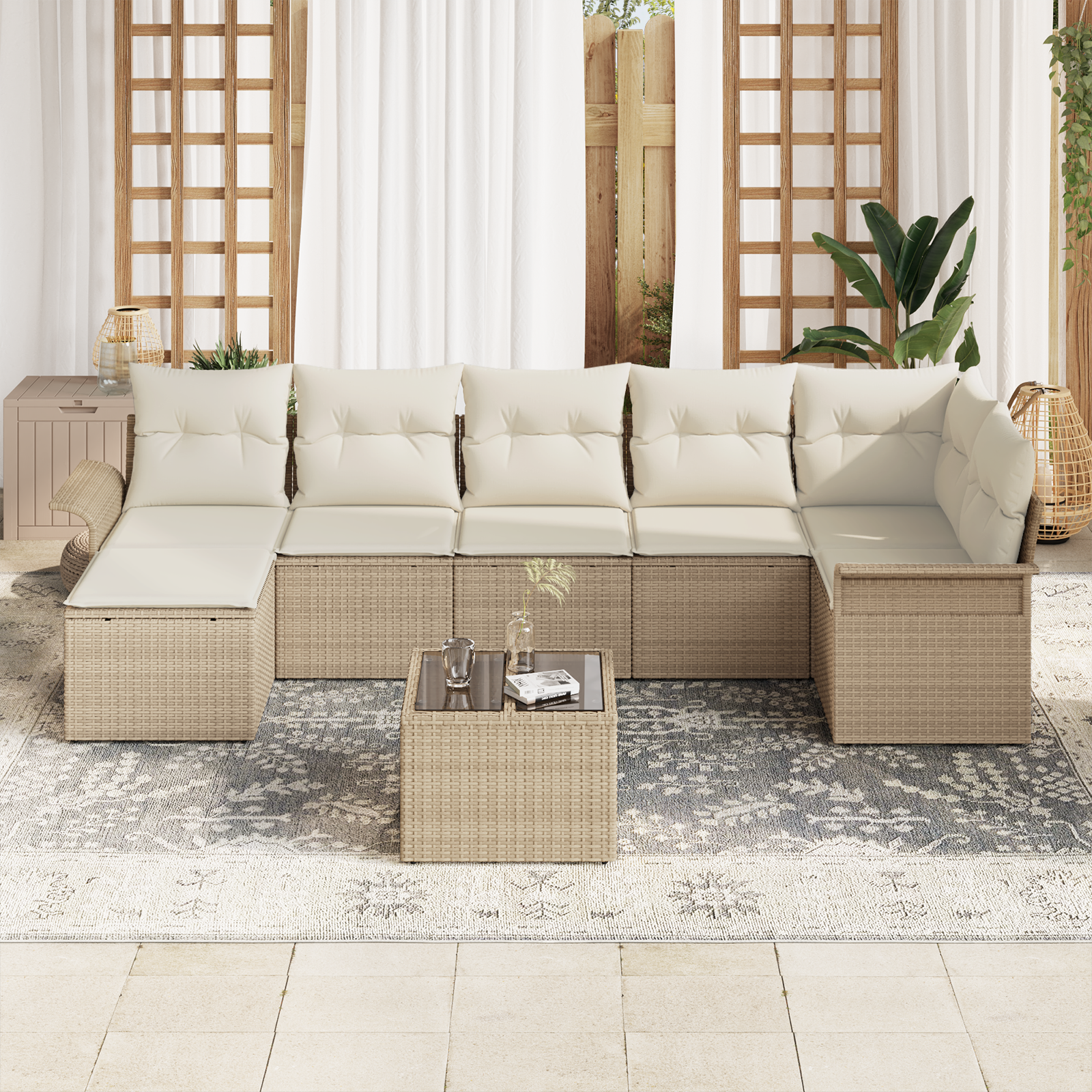 Set Divano da Giardino 8 Pezzi con Cuscini Rattan Poliestere Marrone