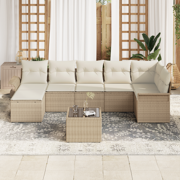 Set Divano da Giardino 8 Pezzi con Cuscini Rattan Poliestere Marrone