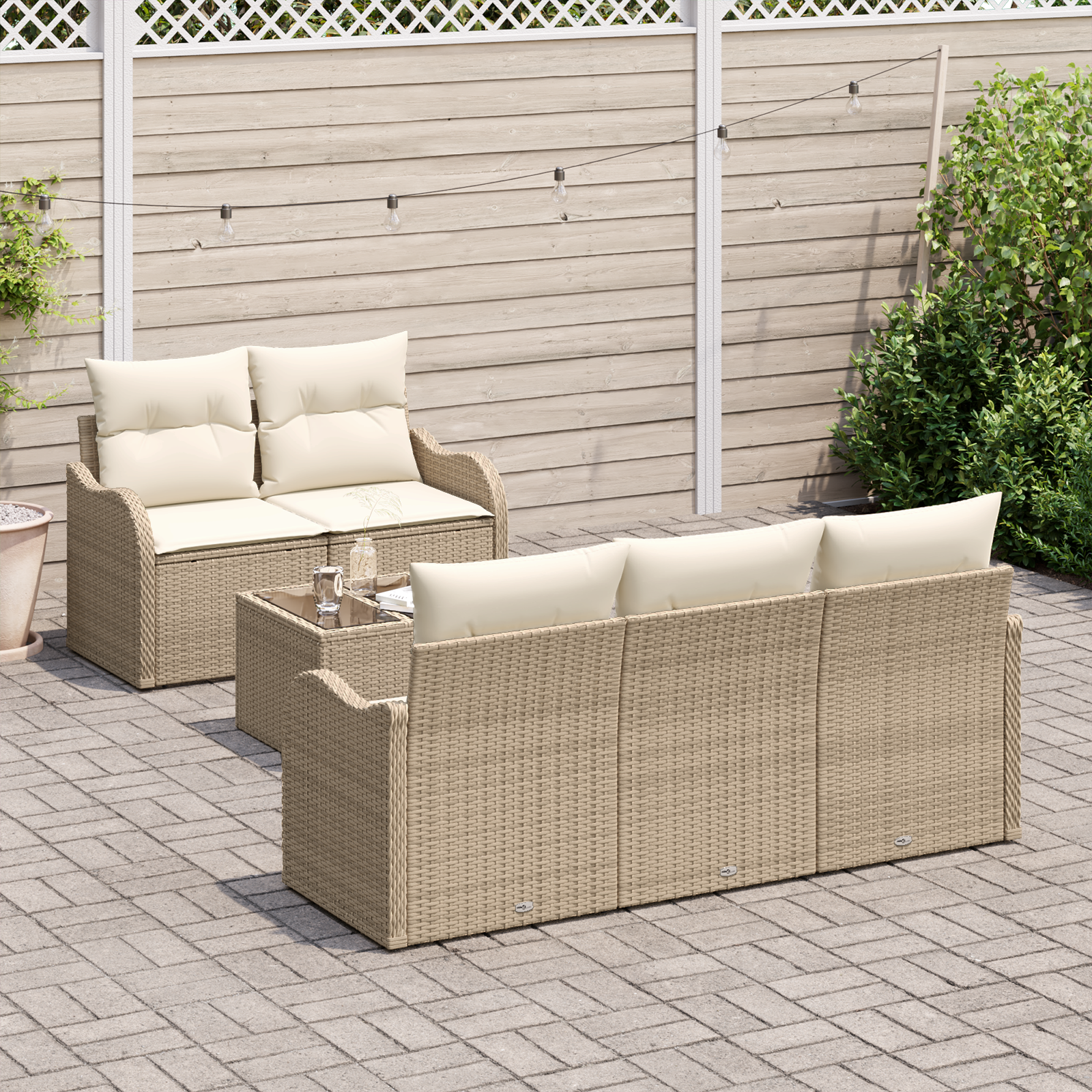 Set Divano Giardino  6 Pezzi con Cuscini Beige Polirattan