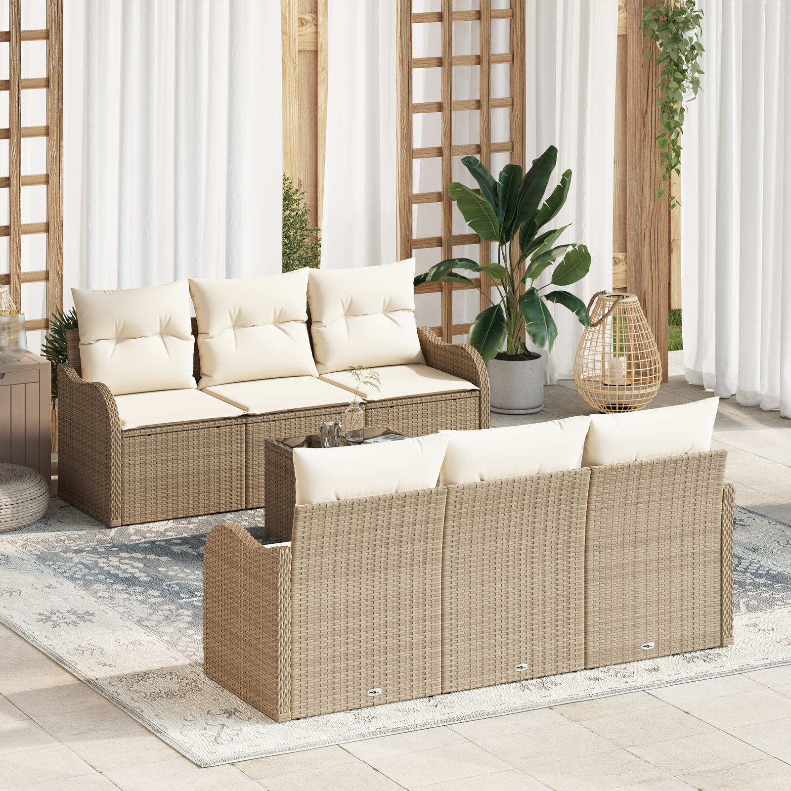 Set Divano da Giardino di 7 Pezzi con Cuscini Beige in Rattan Poly