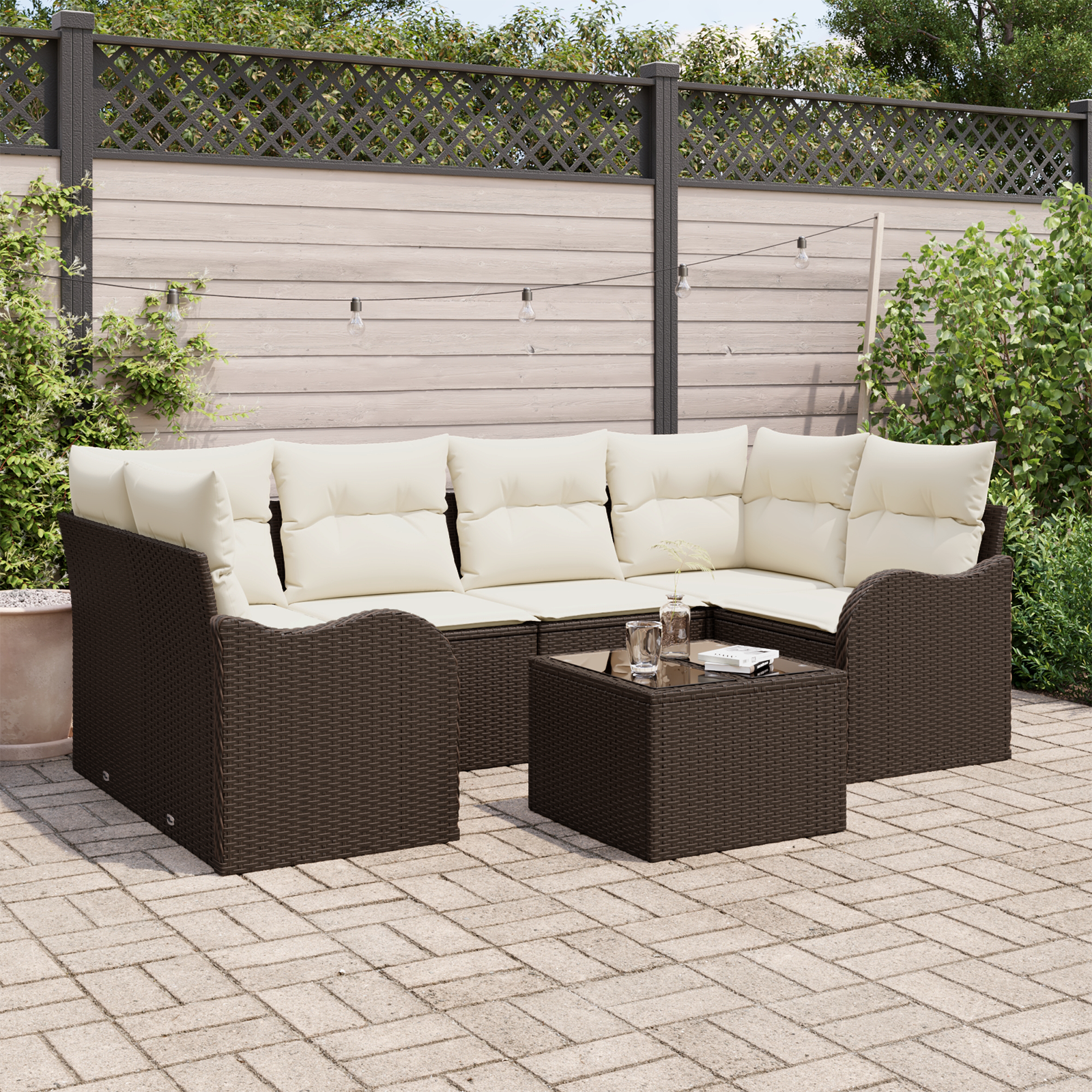 Set Sofà Giardino 7 Pezzi con Cuscini Marrone Polyrattan