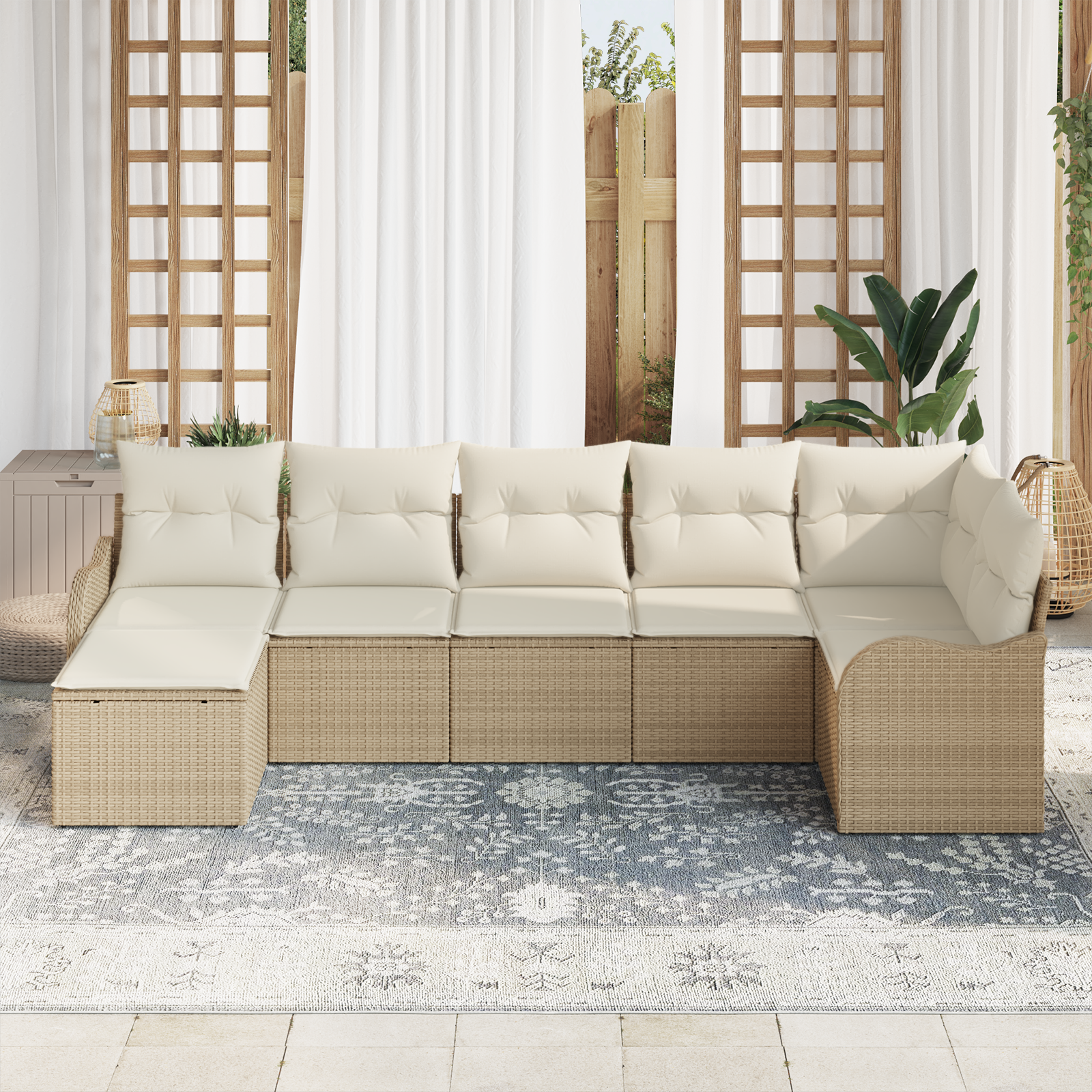 Set di divani da giardino da 7 pezzi con cuscini beige in polyrattan