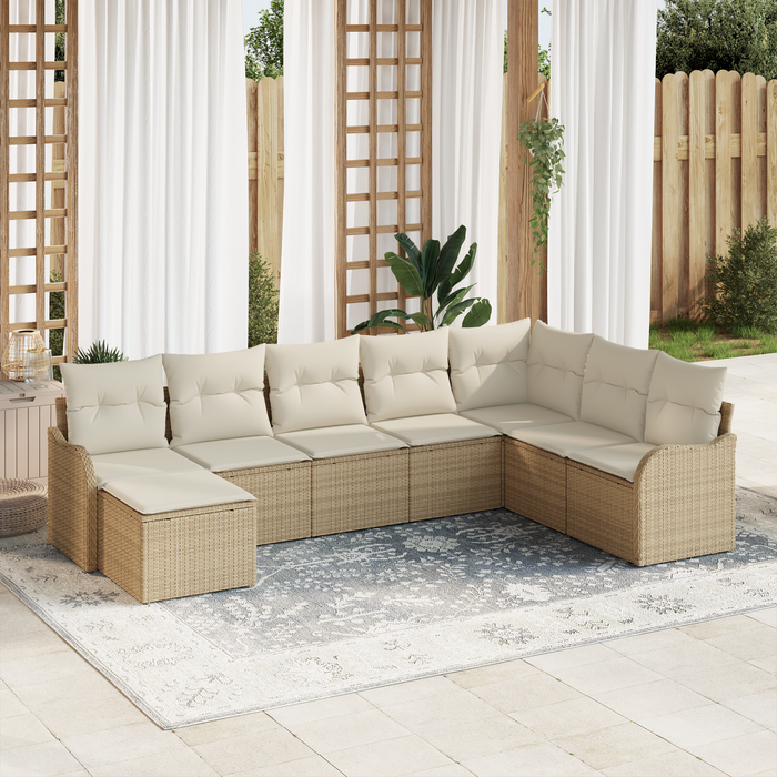 Set Divano da Giardino 8 Pezzi con Cuscini Beige Rattan Poliestere