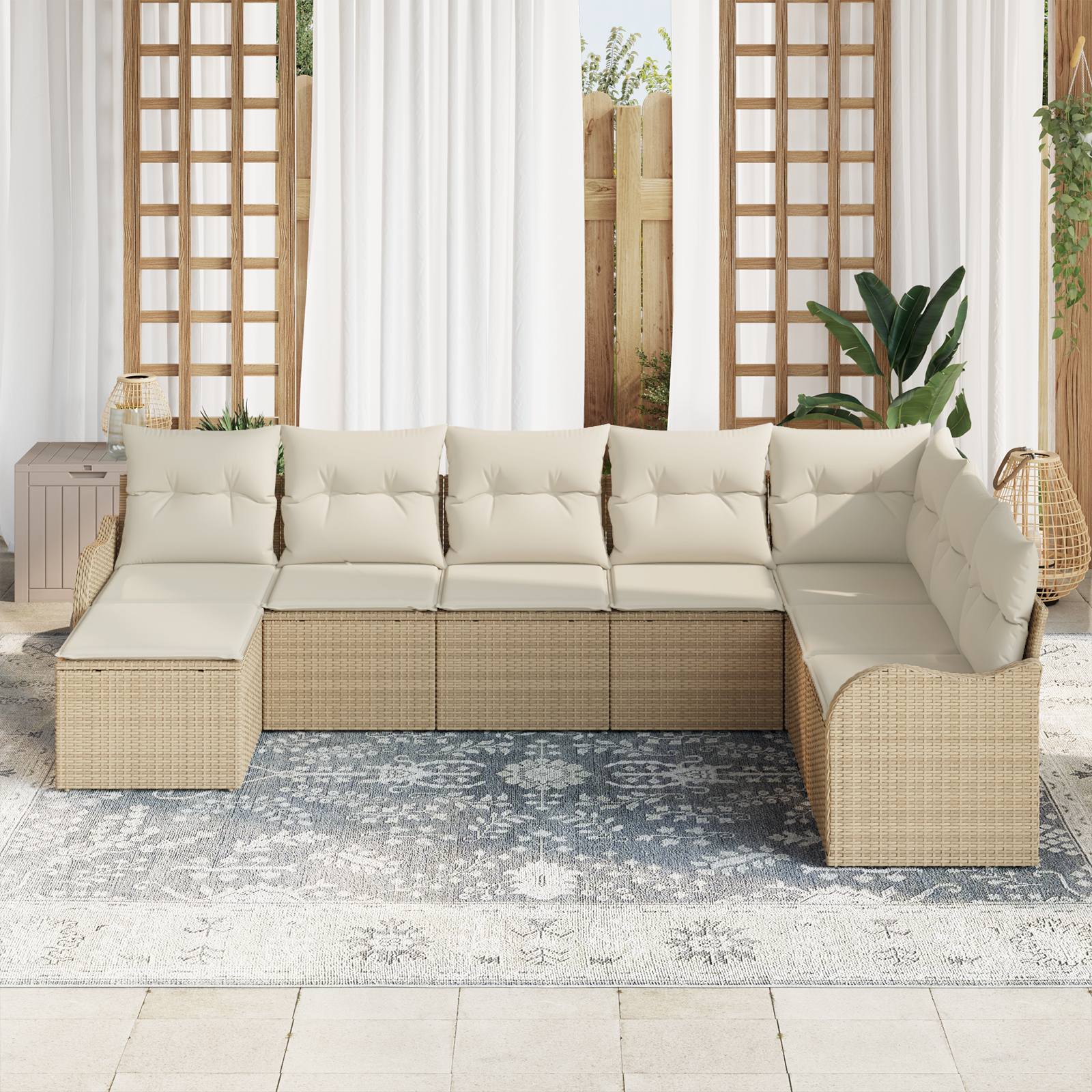 Set Divano da Giardino 8 Pezzi con Cuscini Beige Rattan Poliestere