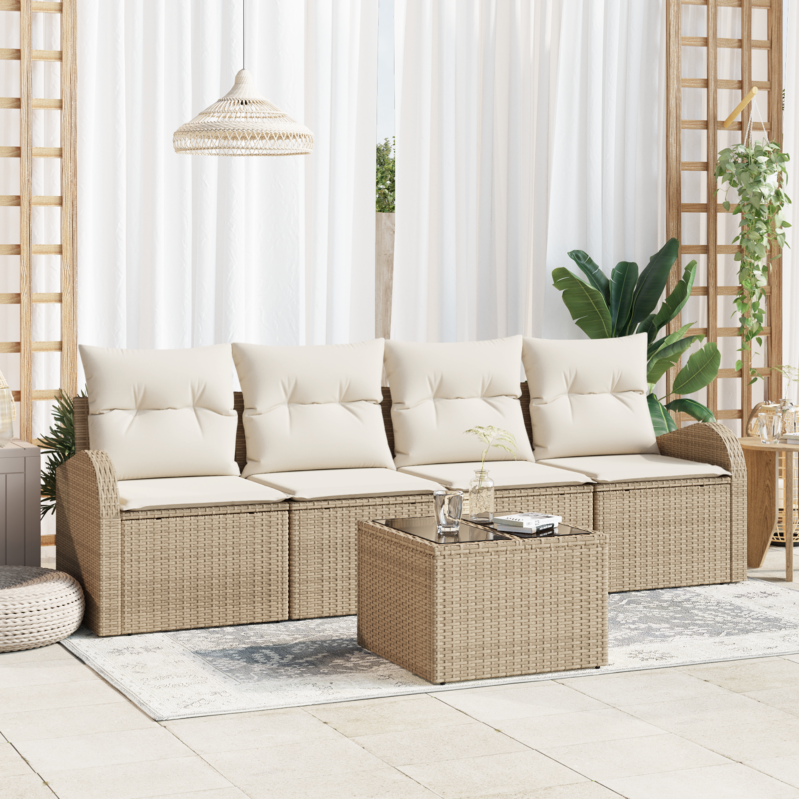 Set di divani da giardino  5 pezzi con cuscini beige in polyrattan