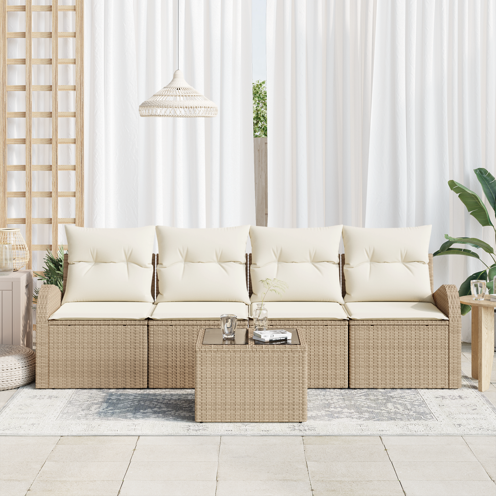 Set di divani da giardino  5 pezzi con cuscini beige in polyrattan