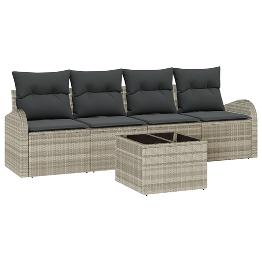 Set da giardino 5 pezzi con cuscini grigio chiaro in polyrattan