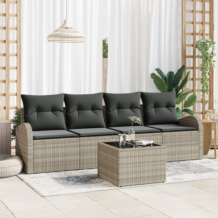 Set da giardino 5 pezzi con cuscini grigio chiaro in polyrattan