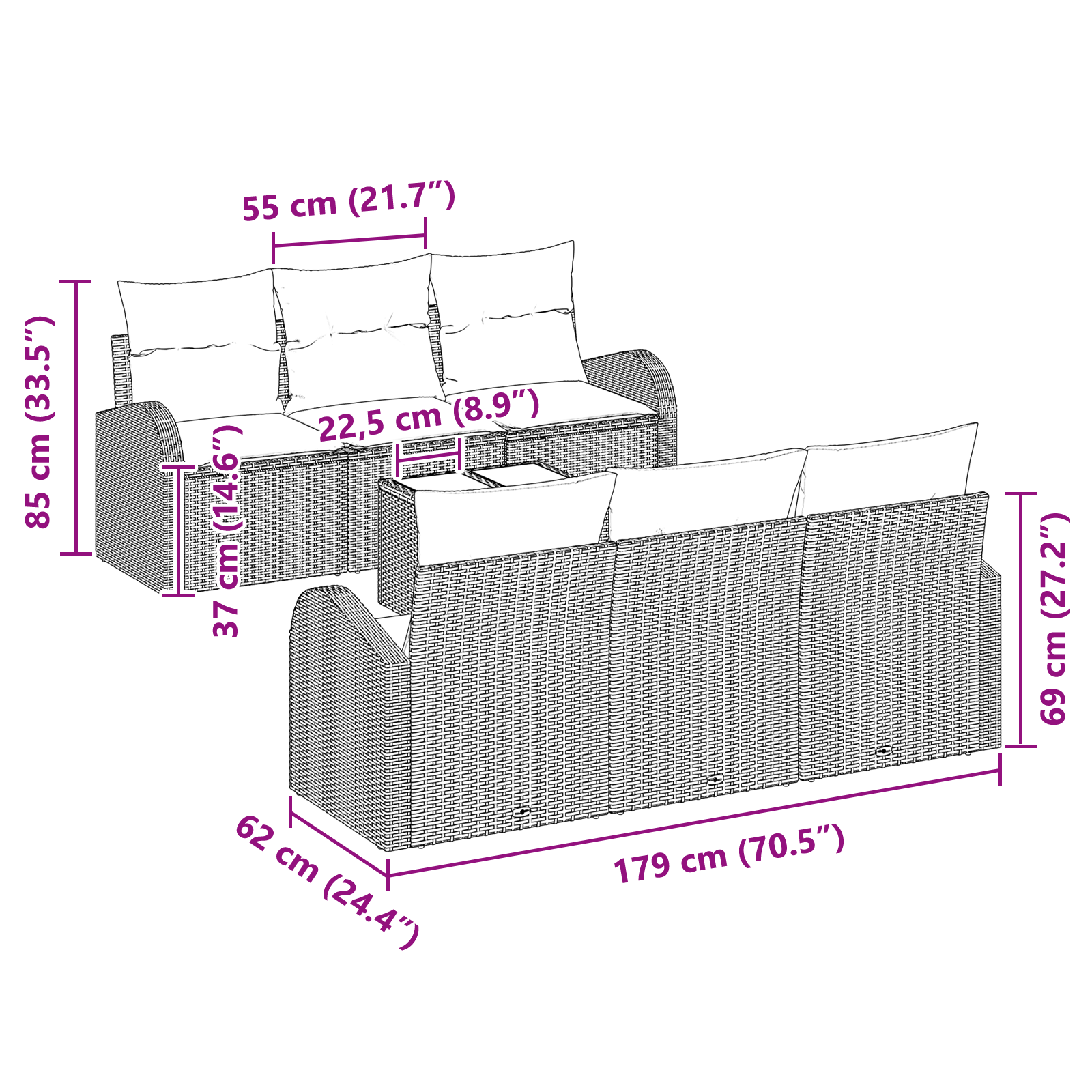 Set Divano Giardino  da 7 Pezzi con Cuscini Beige Rattan Sintetico