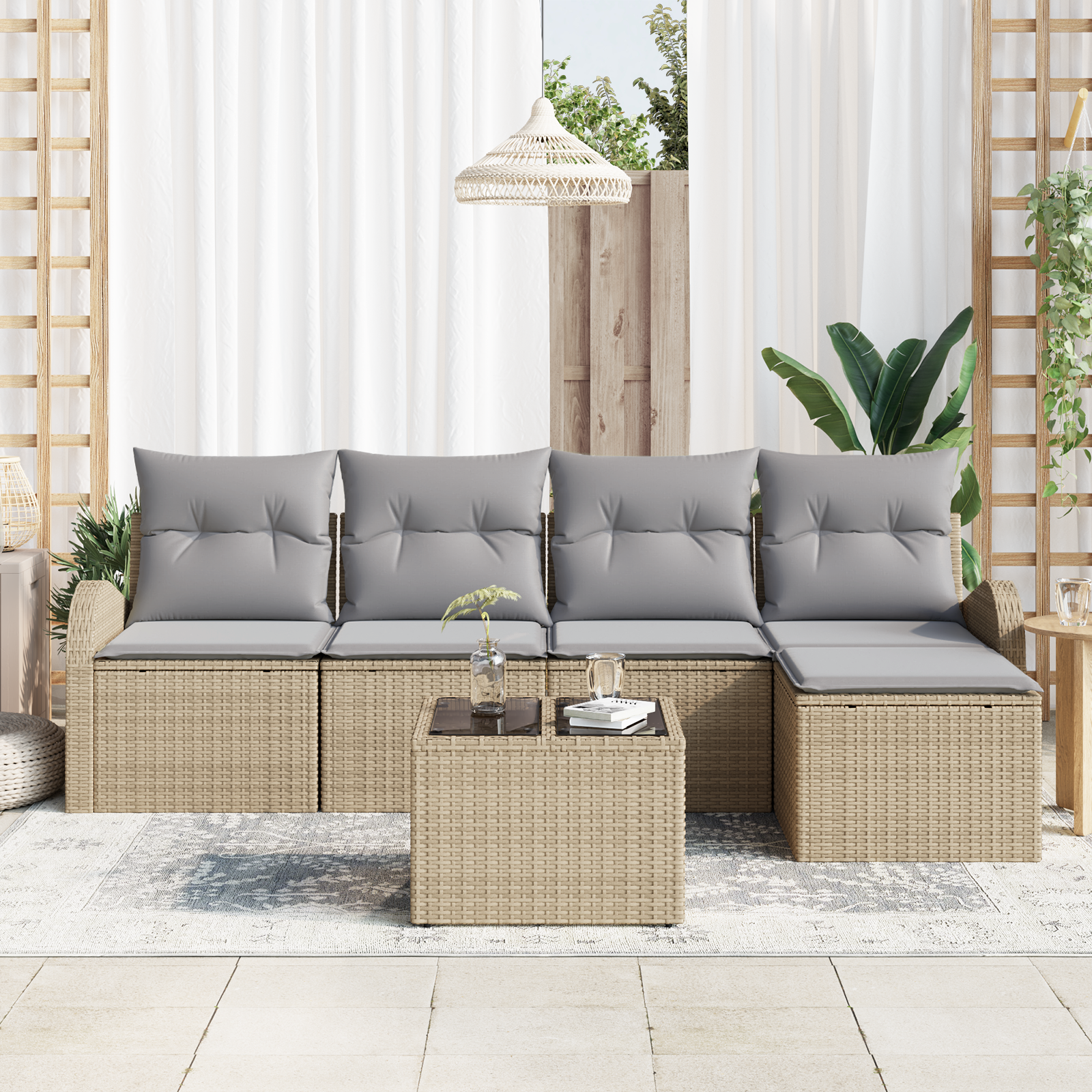 Set da Giardino 6 Pezzi  con Cuscini Rattan Polimerico Neri