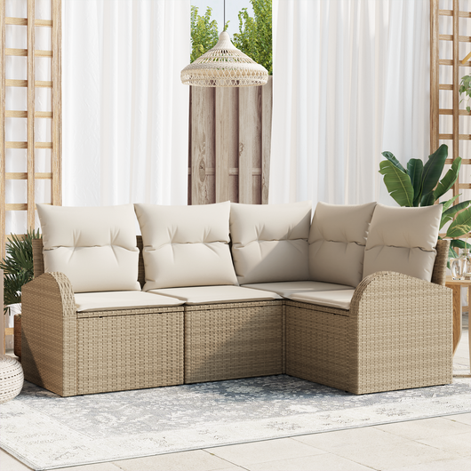 Set Divano da Giardino a 4 Pezzi con Cuscini Beige in Rattan Sintetico