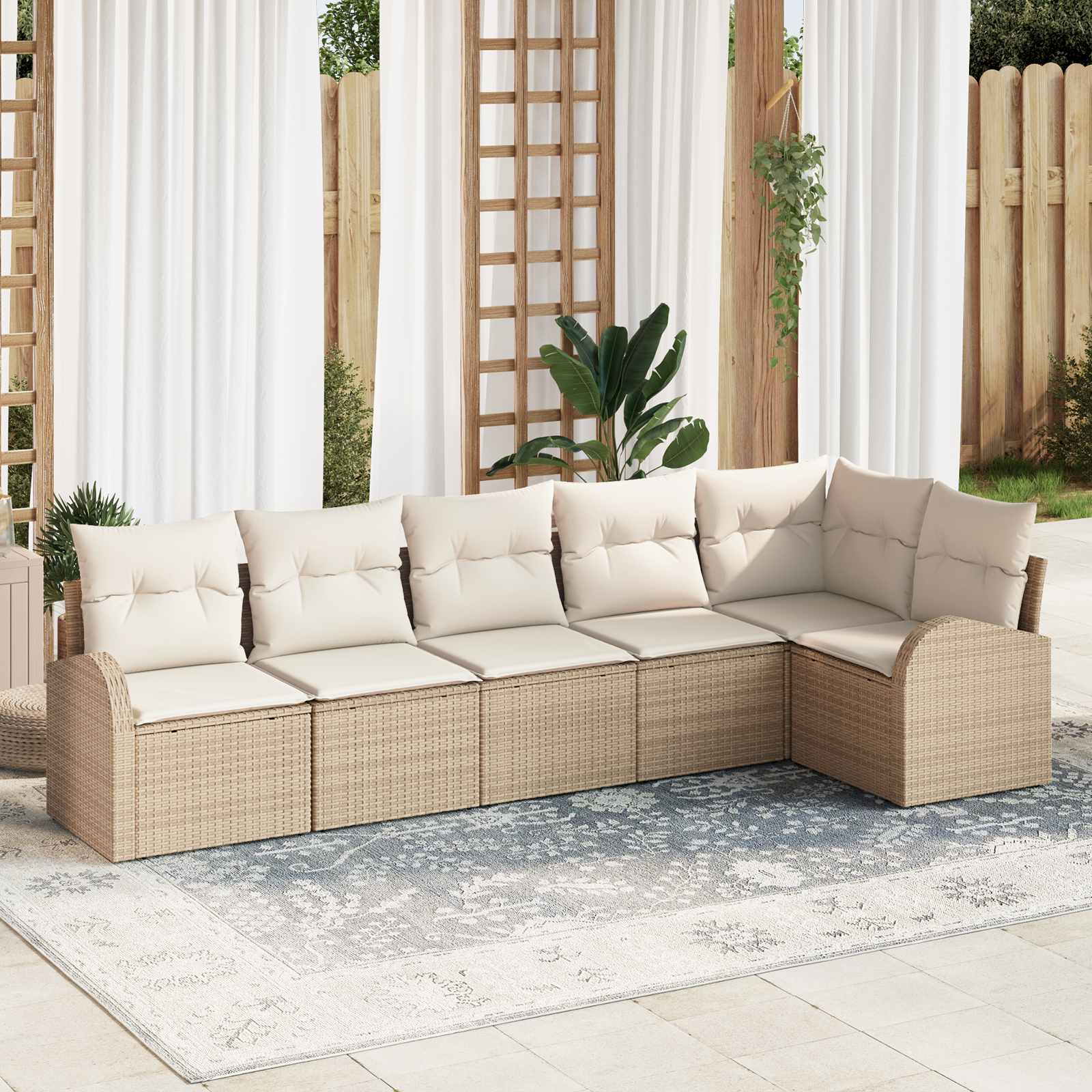 Set di divani da giardino a 6 pezzi con cuscini in rattan poliestere beige