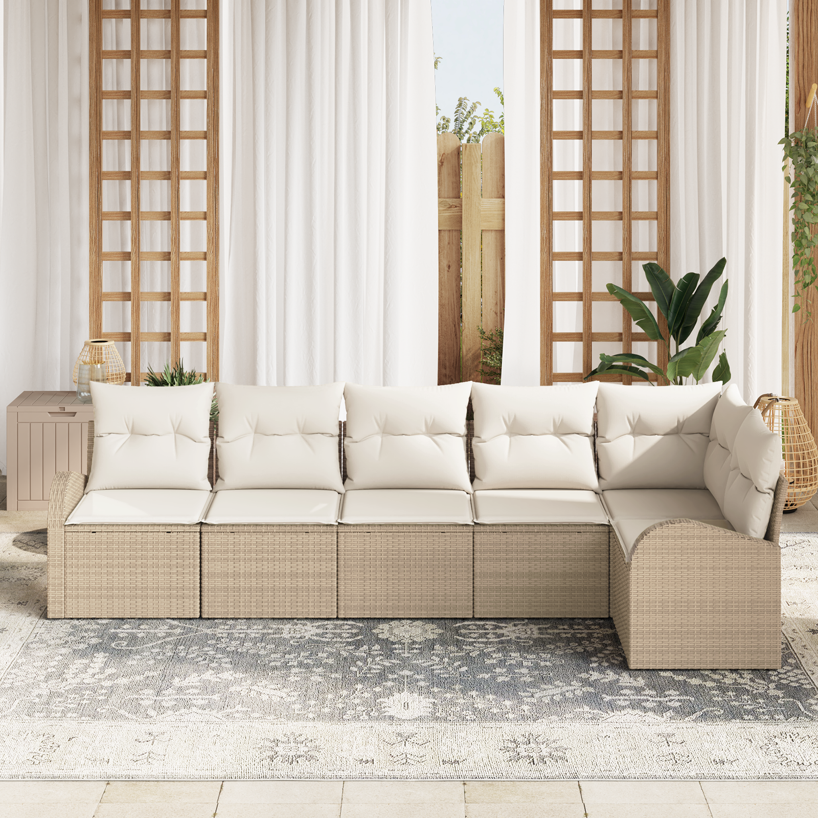 Set di divani da giardino a 6 pezzi con cuscini in rattan poliestere beige