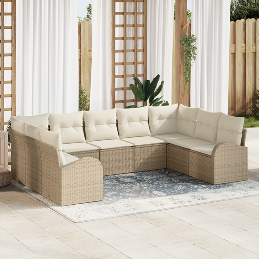 Set di Divani da Giardino  9 Pezzi con Cuscini Beige Polyrattan