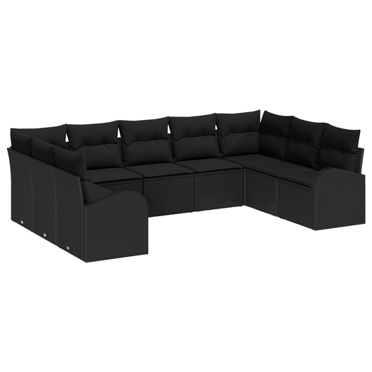 Set sofá giardino 9 pezzi con cuscini in rattan nero