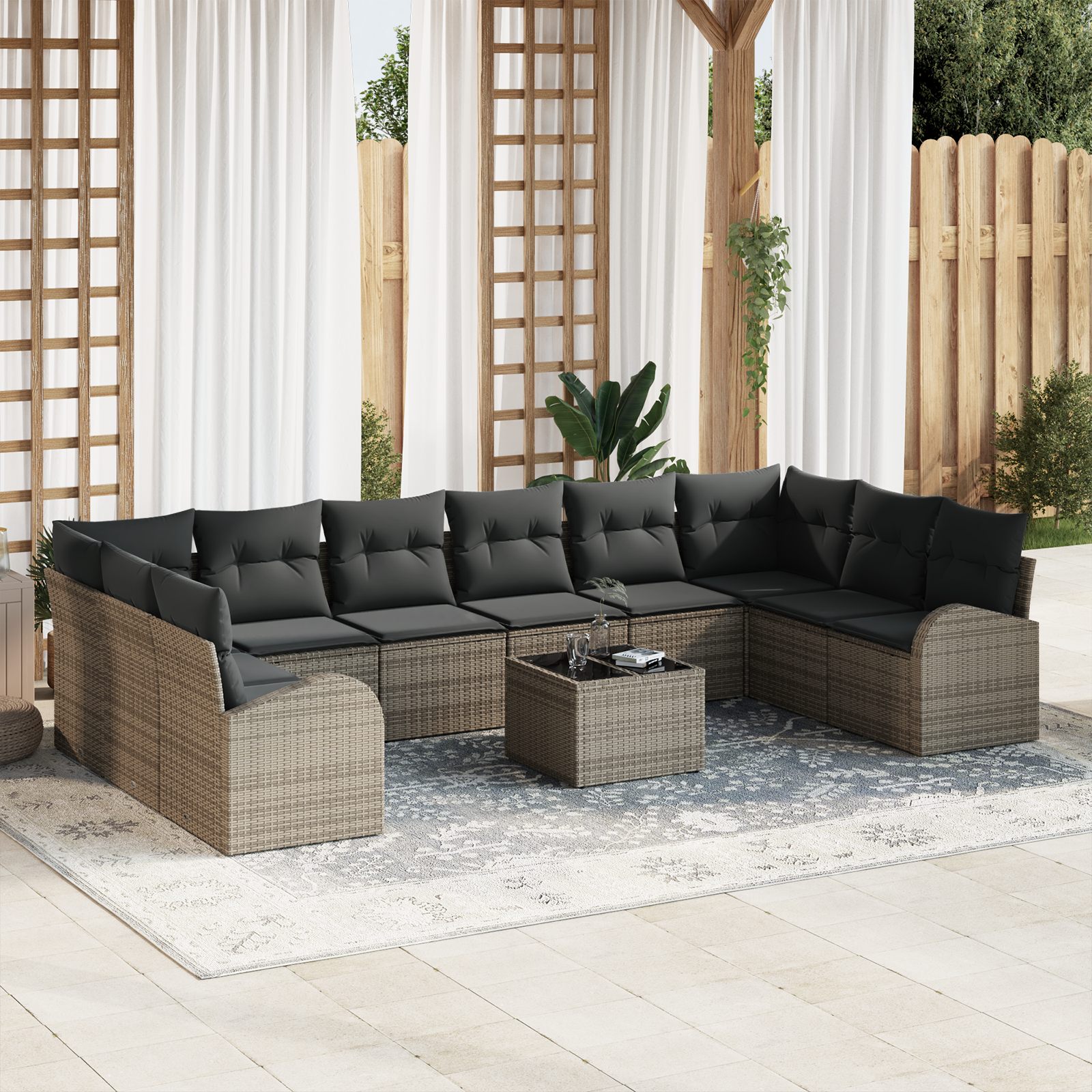 Set di divani da giardino  10 pezzi con cuscini Nero Polyrattan