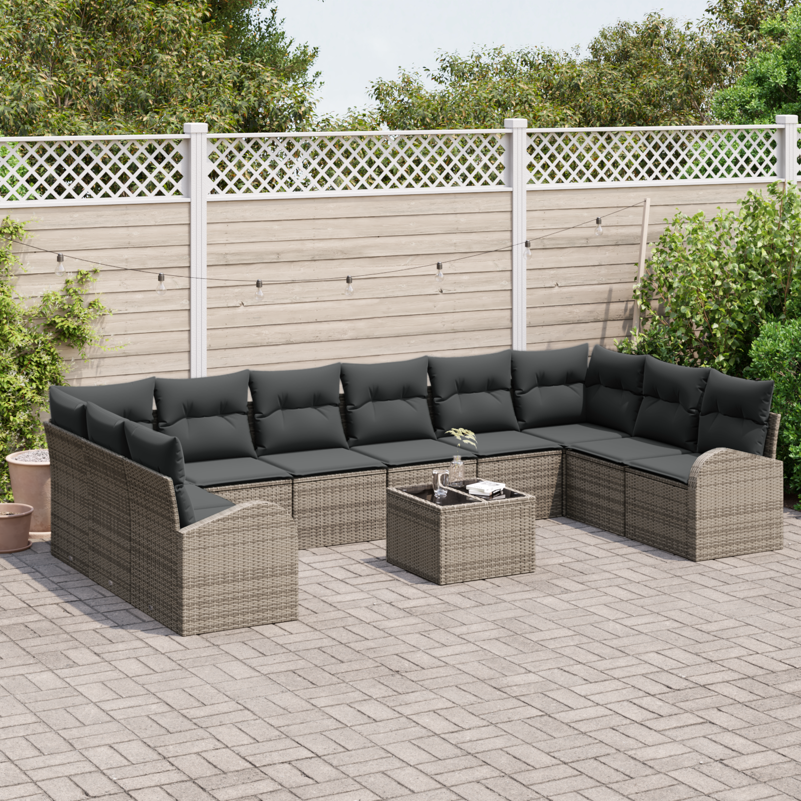 Set di divani da giardino  10 pezzi con cuscini Nero Polyrattan