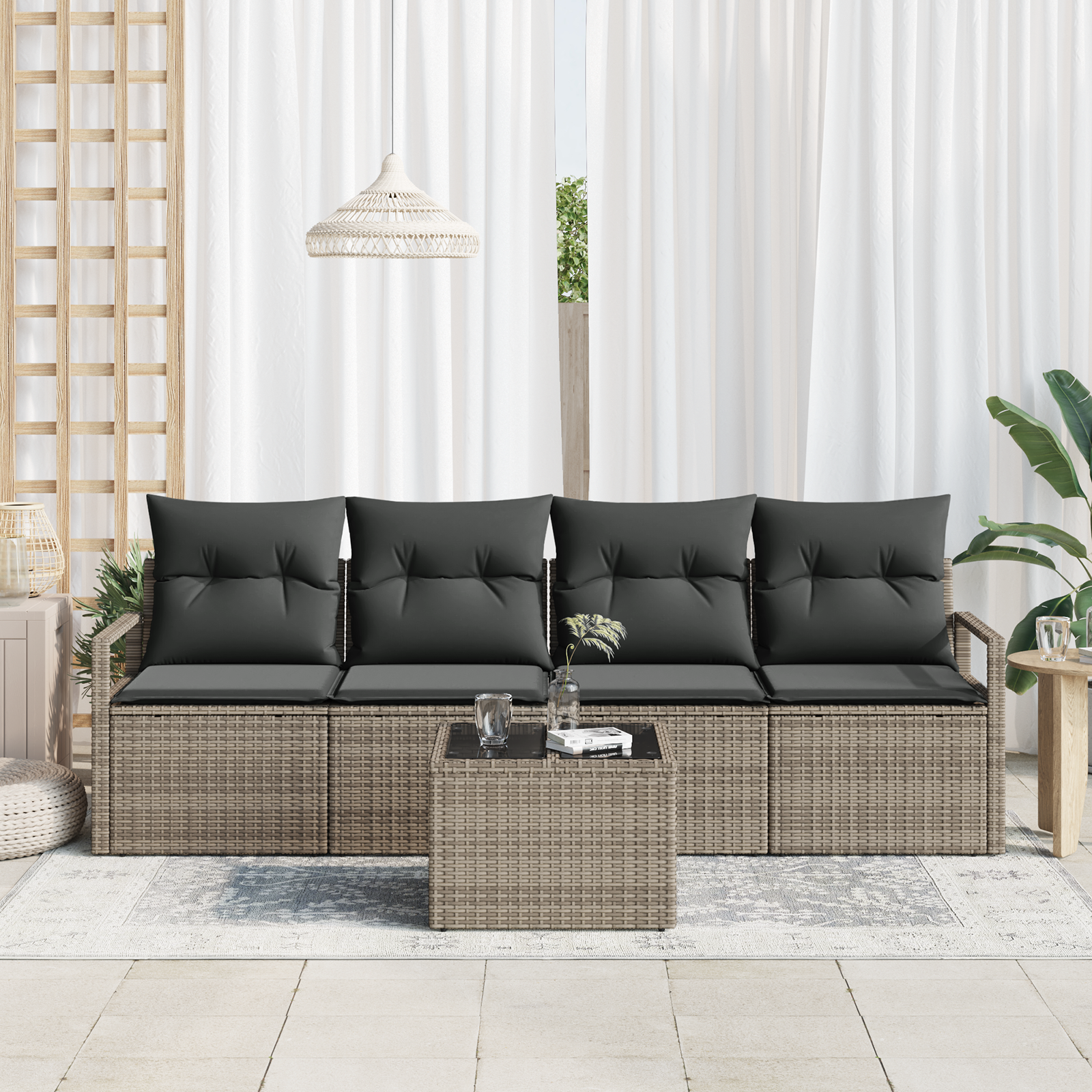 Set Divano da Giardino 5 Pezzi con Cuscini Grigio Polyrattan