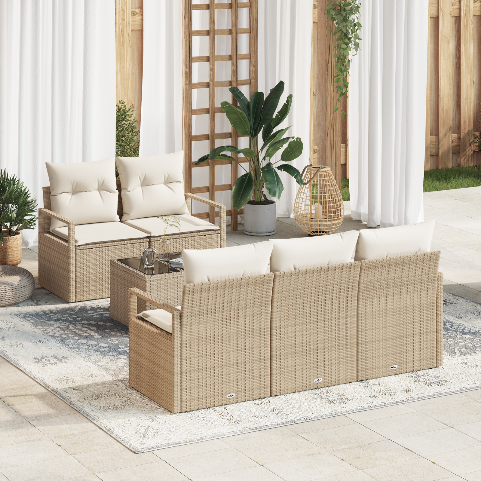 Set Divano da Giardino  6 Pezzi con Cuscini Beige Polyrattan