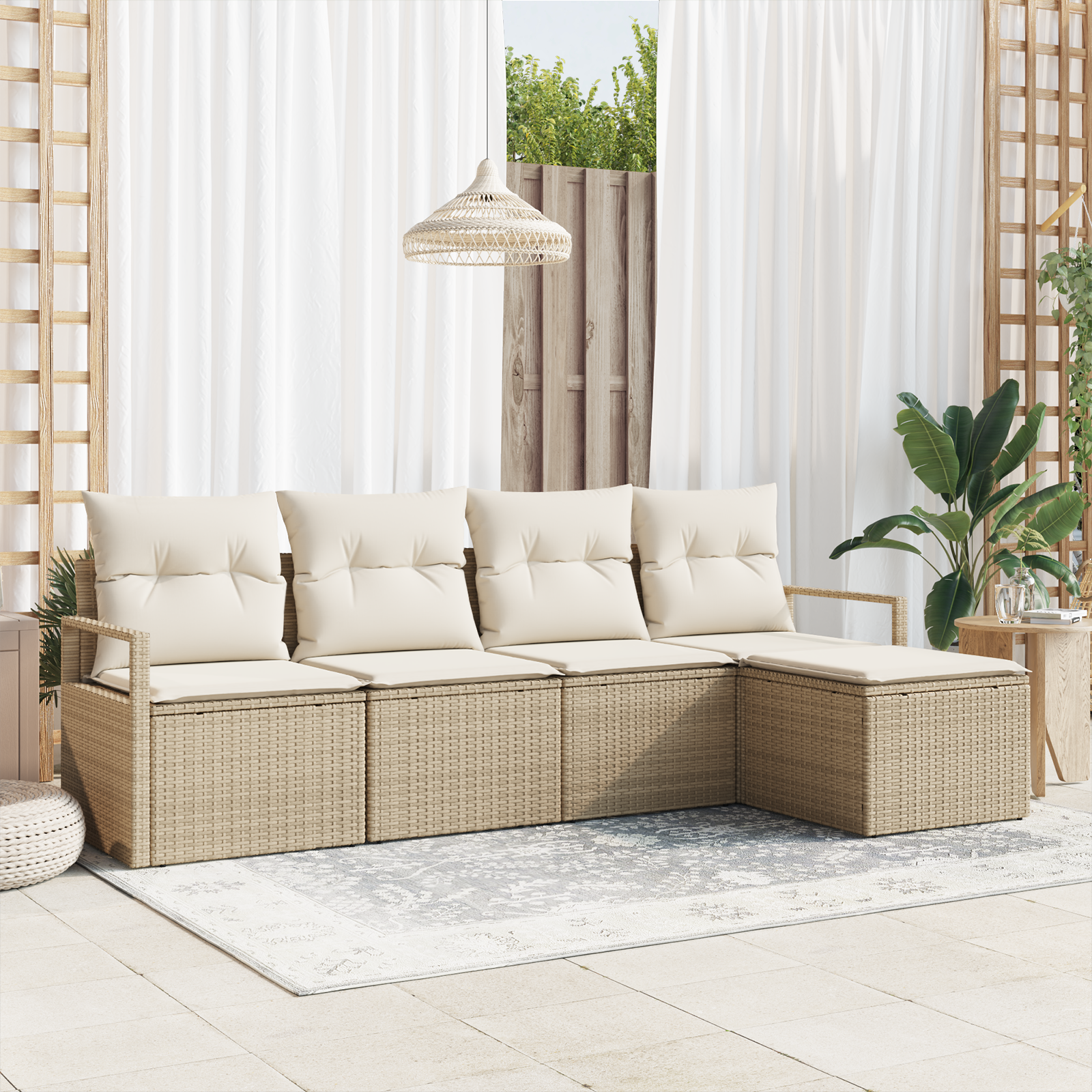 Set Divano da Giardino  con 5 Pezzi e Cuscini Beige in Polyrattan