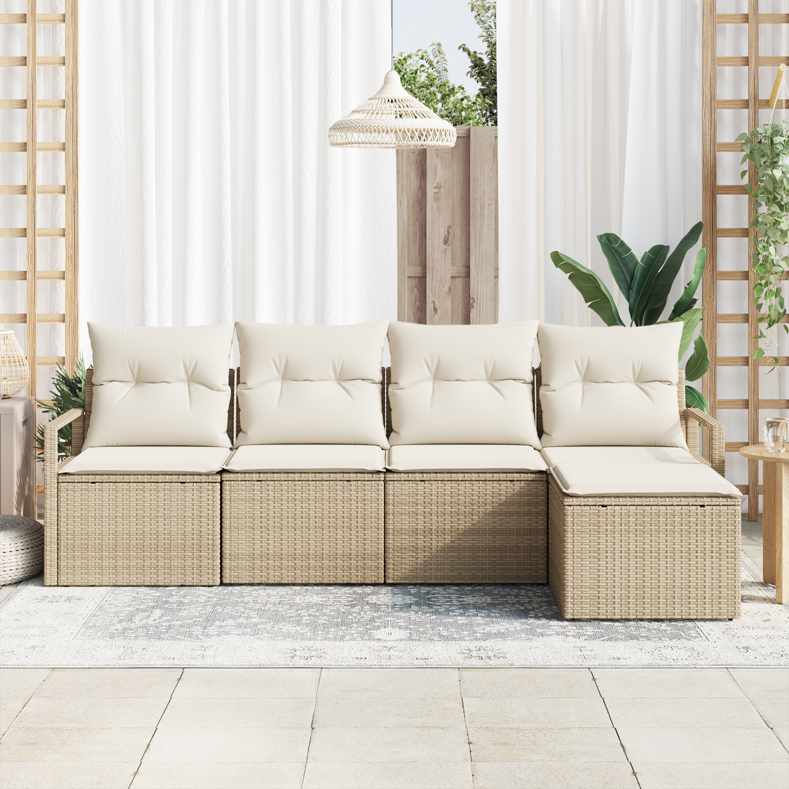 Set Divano da Giardino  con 5 Pezzi e Cuscini Beige in Polyrattan