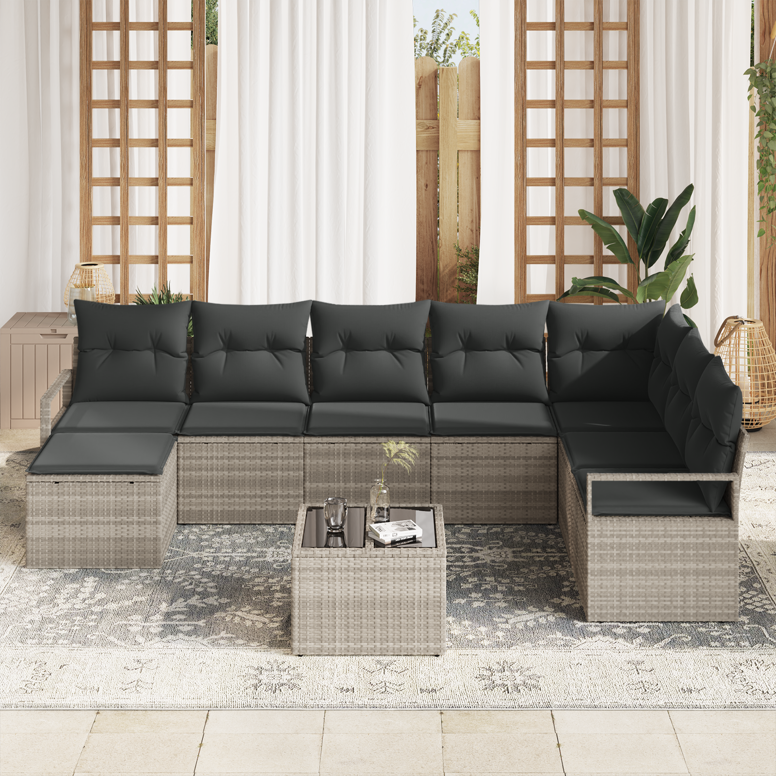 Set di Sofà da Giardino da 8 Pezzi con Cuscini Grigio Polyrattan
