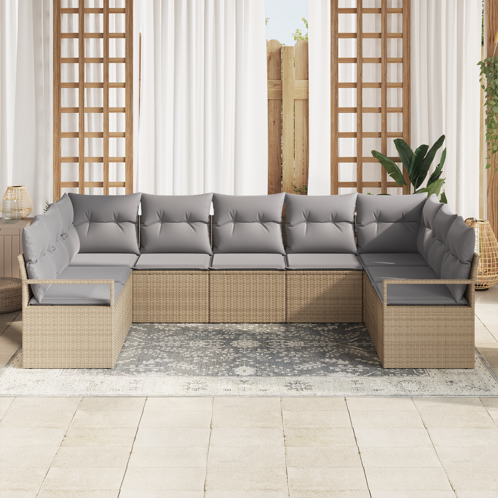 Set Giardino  7 Pezzi con Cuscini Beige Poly Rattan