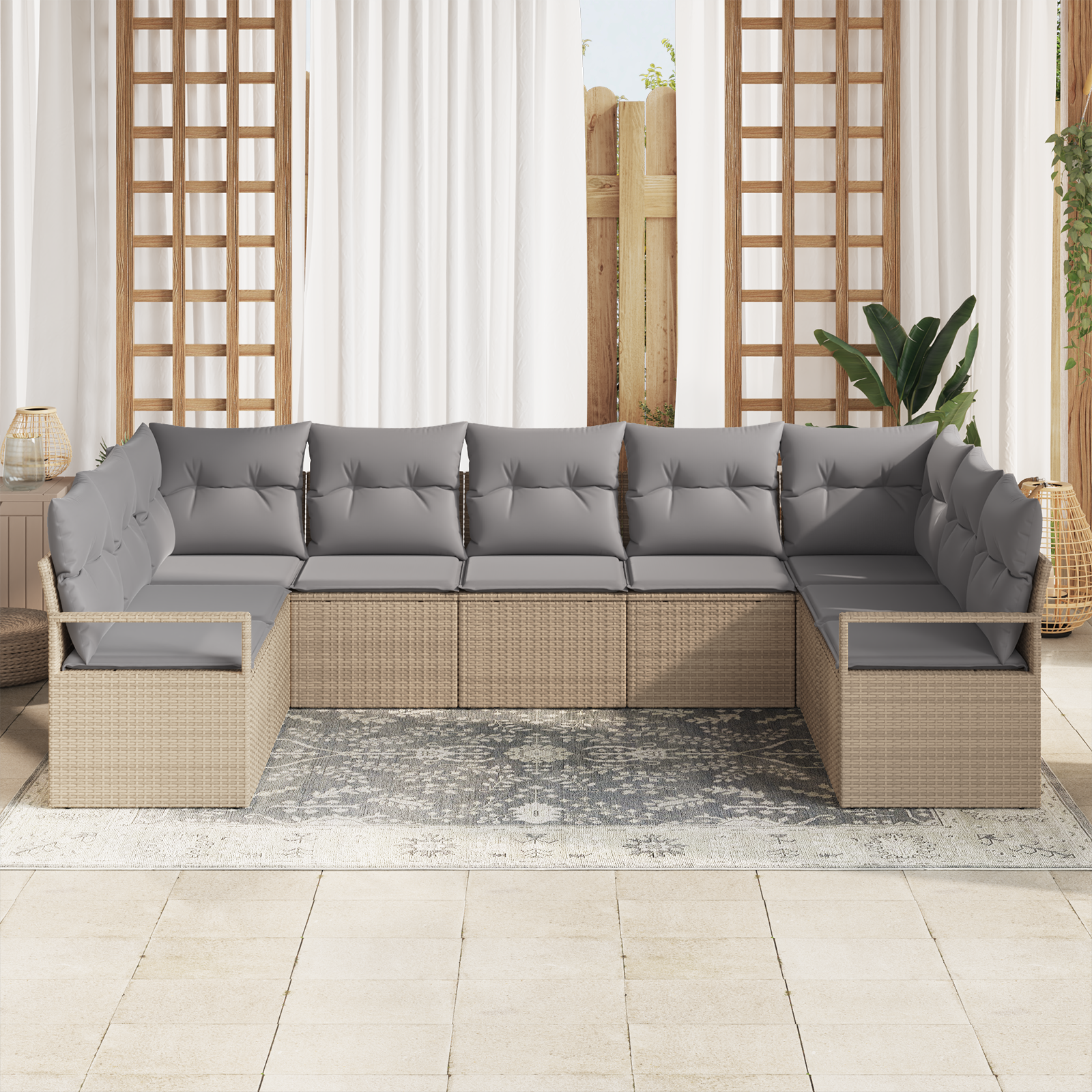 Set Divano da Giardino  a 9 Pezzi con Cuscini Beige Rattan Sintetico