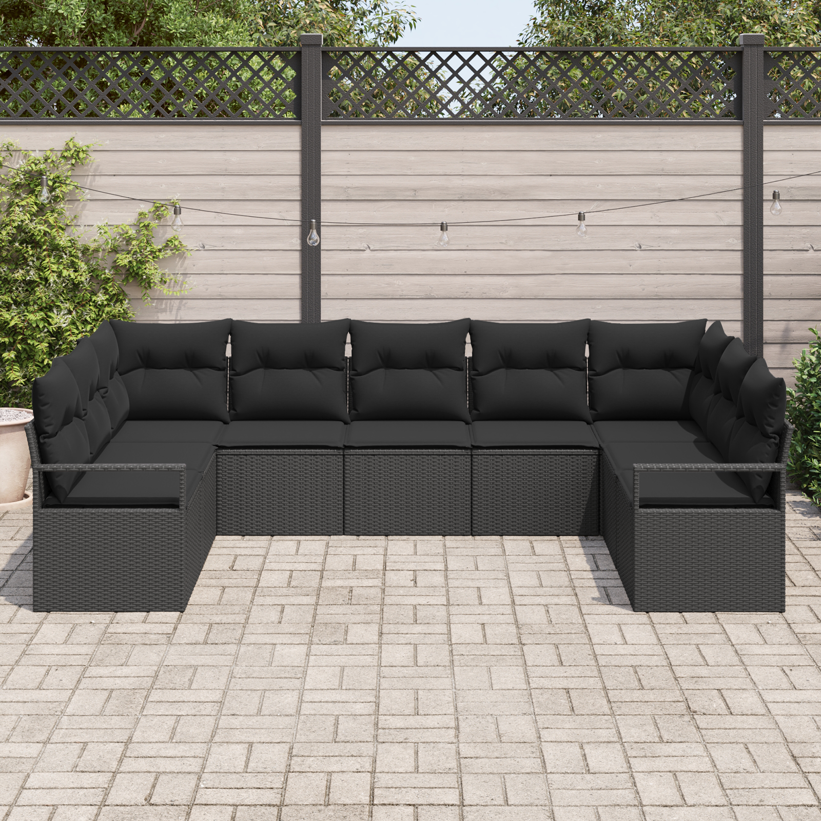 Set da Giardino  9 Pezzi con Cuscini Nero Polyrattan