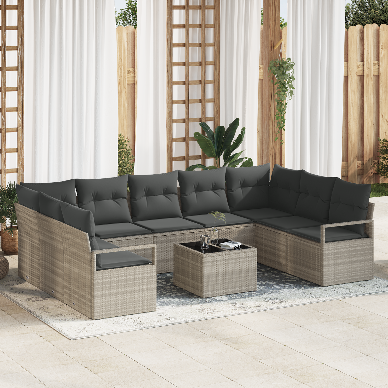 Set Divano da Giardino  a 10 Pezzi con Cuscini Grigio in Rattan Sintetico