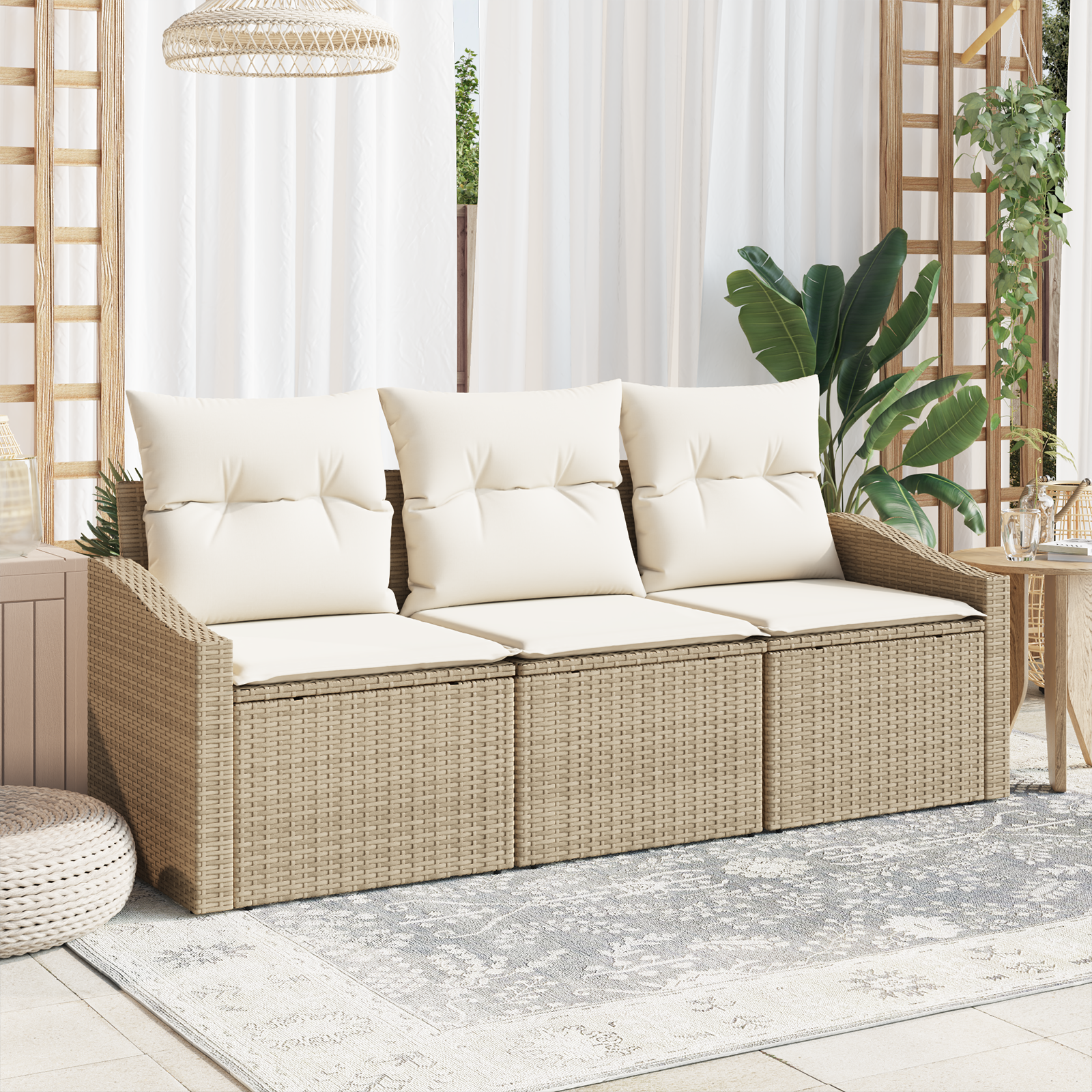 Set da Pranzo da Giardino 3 Pezzi con Cuscini Beige in Polirattan