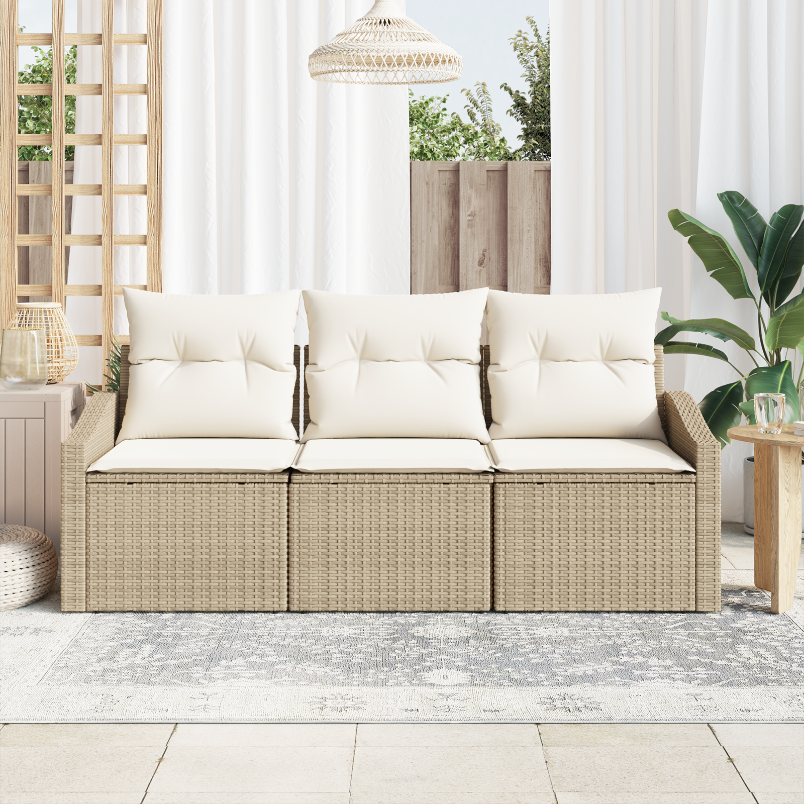 Set da Pranzo da Giardino 3 Pezzi con Cuscini Beige in Polirattan