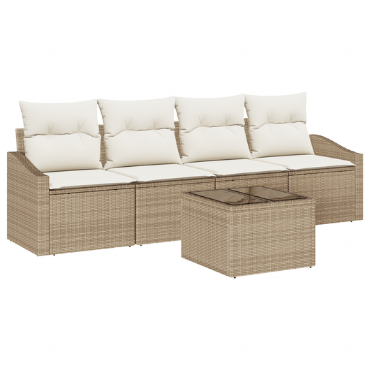 Set da Giardino da 5 Pezzi di con Cuscini Beige Poly Rattan