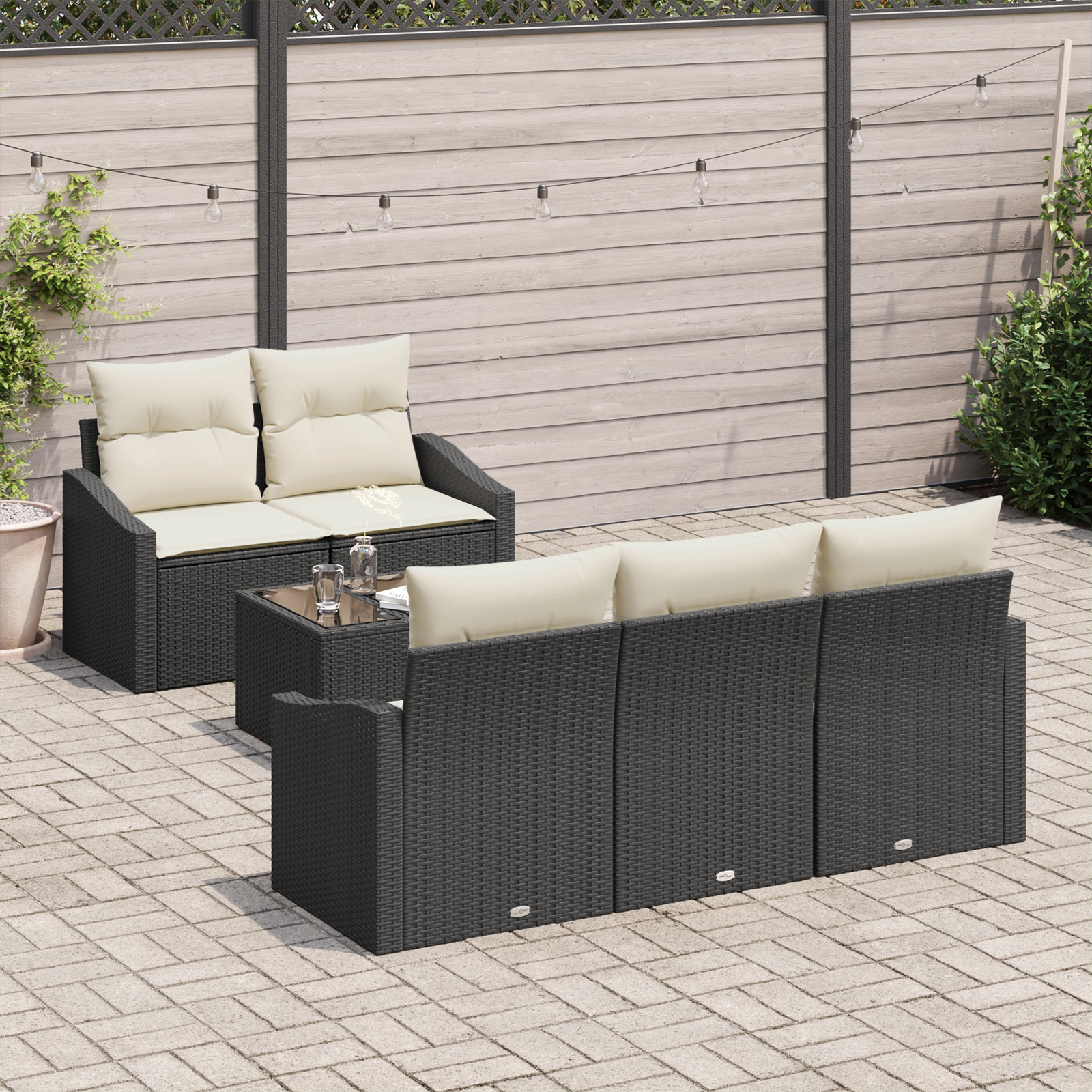 Set di Sofà da Giardino 6 Pezzi con Cuscini Nero Polyrattan