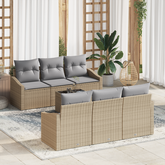 Set di Sofà da Giardino in 7 Pezzi con Cuscini Beige Rattan Sintetico
