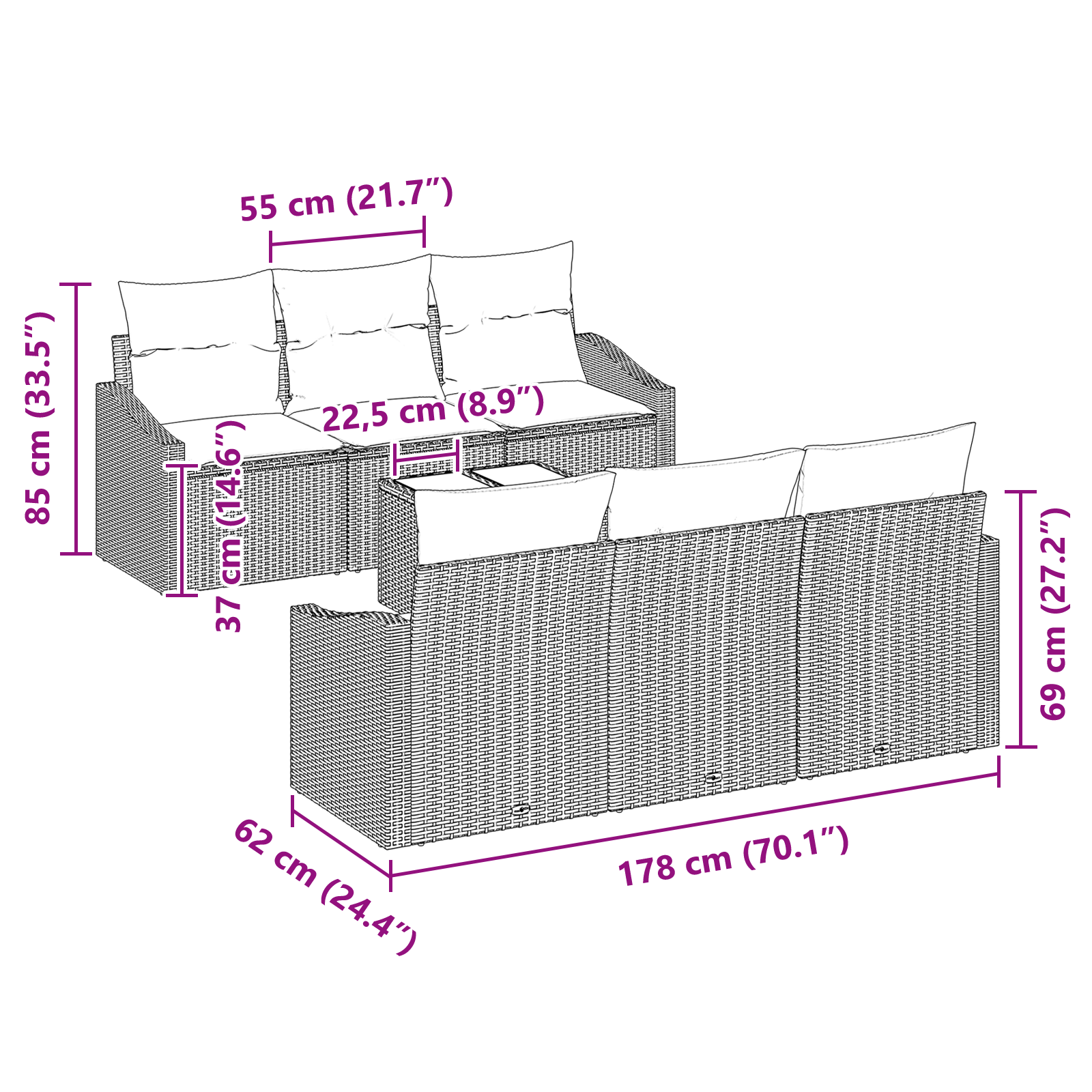 Set di Sofà da Giardino in 7 Pezzi con Cuscini Beige Rattan Sintetico